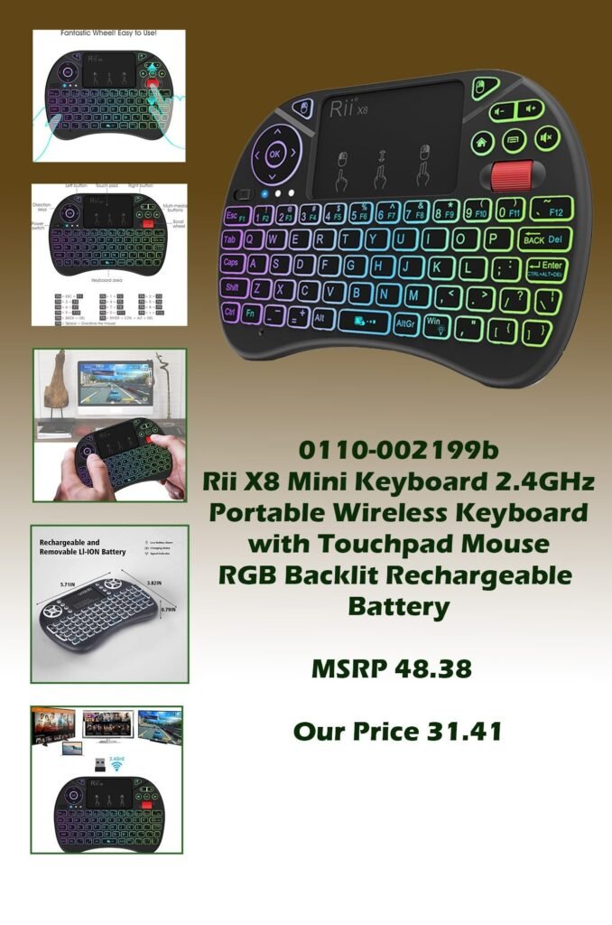 0110-002199b Rii X8 Mini Keyboard 2.4GHz Portable Wireless Keyboard with Touchpad Mouse RGB Backlit Rechargeable Batteryimg1_MSRP 48.38  Our Price 31.41 copy
