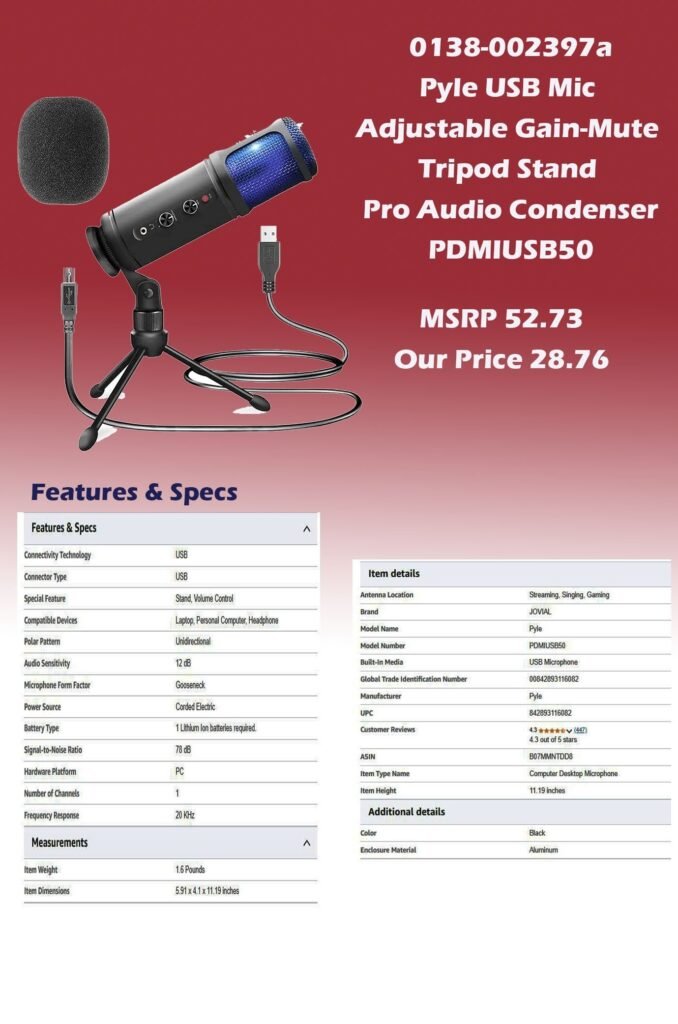 0138-002397a-Pyle USB Mic Adjustable Gain Mute Control Tripod Stand Pro Audio Condenser Desk Mic Pyle PDMIUSB50 img0_MSRP 52.73  Our Price 28.76 copy