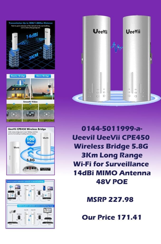 0144-5011999-a- Ueevil UeeVii CPE450 Wireless Bridge 5.8G 3Km Long Range Wi-Fi for Surveillance 14dBi MIMO Antenna 48V POE_MSRP 227.98  Our Price 171.41 copy