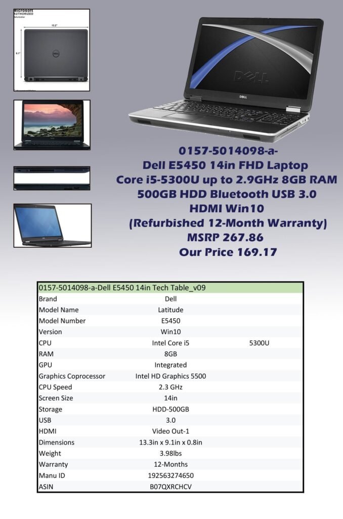 0157-5014098-a-Dell E5450 14in FHD Laptop Core i5-5300U up to 2.9GHz 8GB RAM 500GB HDD Bluetooth USB 3.0 HDMI Win10 (Refurbished 12-Month Warranty) img0_MSRP 267.86 Our Price 169.17 copy