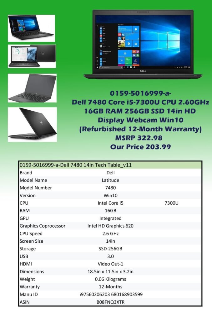 0159-5016999-a-Dell 7480 Core i5-7300U CPU 2.60GHz 16GB RAM 256GB SSD 14in HD Display Webcam Win10 (Refurbished 12-Month Warranty) img0 MSRP 322.98 Our Price 203.99 copy