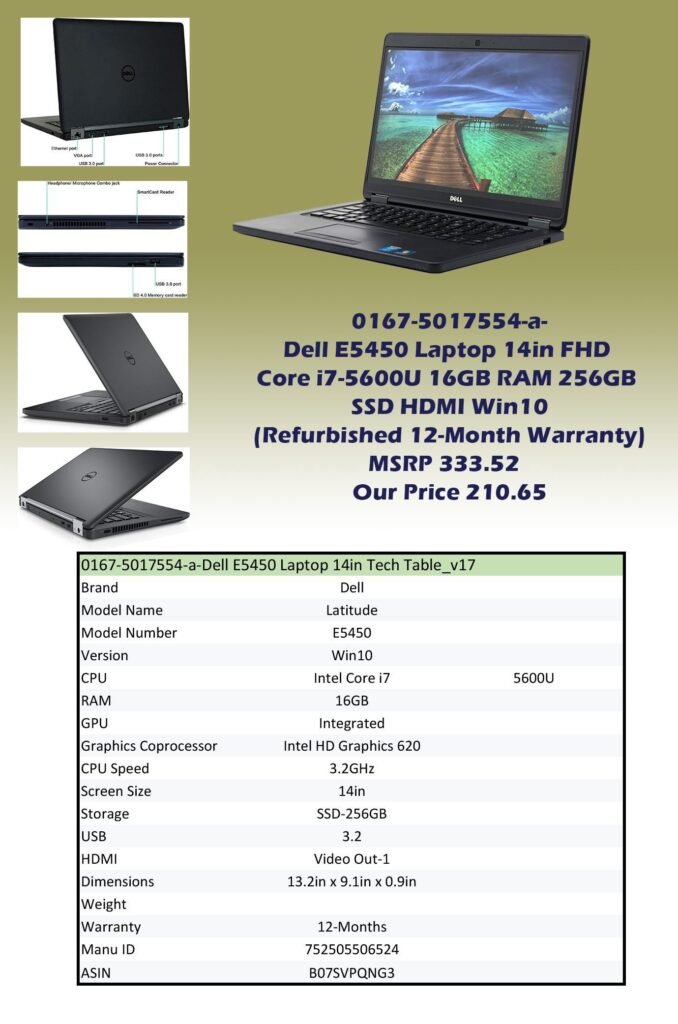0167-5017554-a-Dell E5450 Laptop 14in FHD Core i7-5600U 16GB RAM 256GB SSD HDMI Win10 (Refurbished 12-Month Warranty) img0 MSRP 333.52 Our Price 210.65 copy