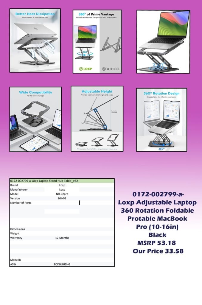 0172-002799-a-Loxp Adjustable Laptop Stand 360 Rotation Foldable Protable MacBook Pro (10-16in) Black img0 MSRP 53.18  Our Price 33.58 copy