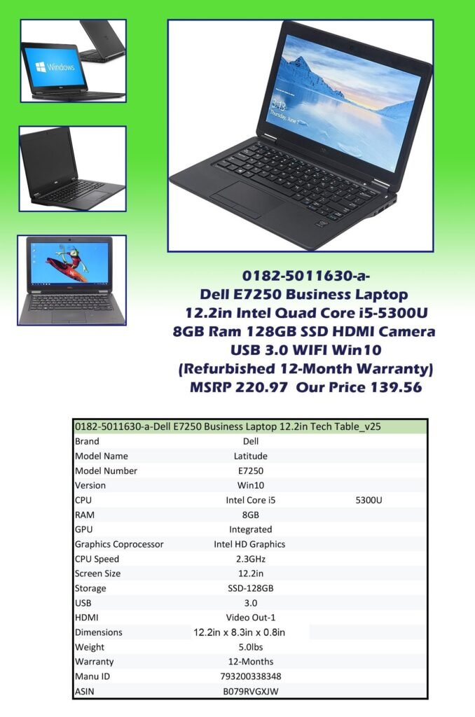 0182-5011630-a-Dell E7250 Laptop 12.2in Quad Core i5-5300U 8GB Ram 128GB USB 3.0 SSD HDMI Camera WIFI Win10 _MSRP 220.97  Our Price 139.56 copy