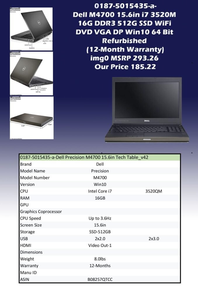 0187-5015435-a-Dell M4700 15.6in i7 3520M 16G DDR3 512G SSD WiFi DVD VGA DP Win10 64 Bit (Refurbished 12-Month Warranty)img0 MSRP 293.26 Our Price 185.22 copy