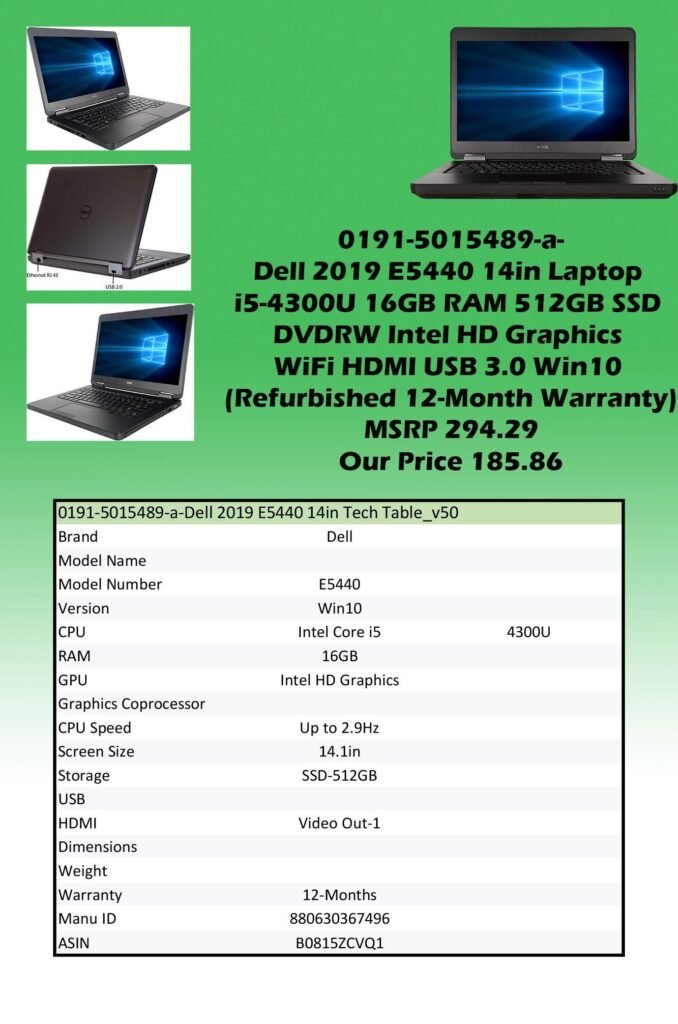 0191-5015489-a-Dell 2019 E5440 14in Laptop i5-4300U 16GB RAM 512GB SSD DVDRW WiFi HDMI USB 3.0 Win10 (Refurbished 12-Month Warranty) MSRP 294.29 Our Price 185.86 copy