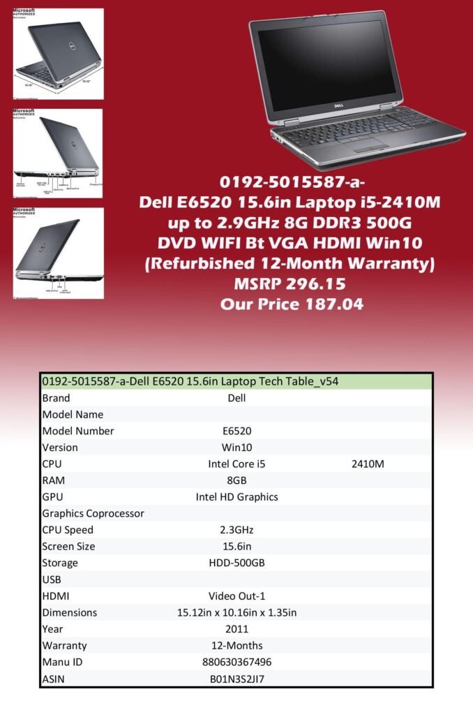 0192-5015587-a-Dell E6520 15.6in Laptop i5-2410M up to 2.9GHz 8G DDR3 500G DVD WIFI Bt VGA HDMI Win10img0 (Refurbished 12-Month Warranty) MSRP 296.15 Our Price 187.04 copy