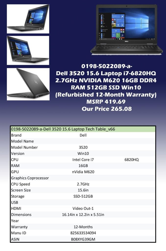 0198-5022089-a-Dell 3520 15.6 Laptop i7-6820HQ 2.7GHz NVIDIA M620 16GB DDR4 RAM 512GB SSD Win10 (Refurbished 12-Month Warranty) MSRP 419.69 Our Price 265.08 copy